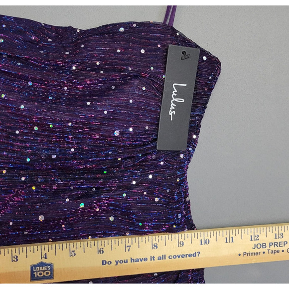 Lulus Mini Dress Womens XS Purple Sequin Ruched Bodycon Spaghetti Strap Party - Picture 7 of 11